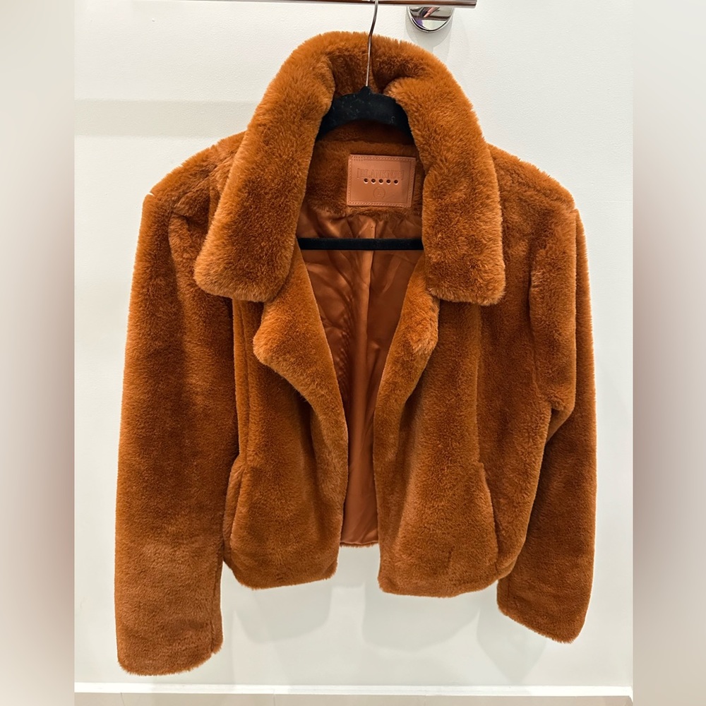 Super soft faux fur cropped coat in a gorgeous rust color.  Worn once. Size LG